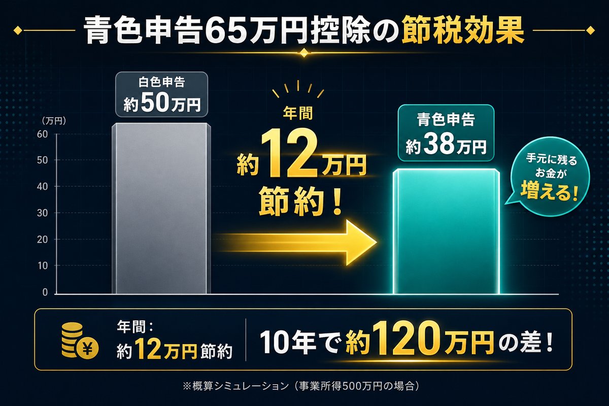 青色申告65万円控除の節税効果（年間12万円・10年で120万円）