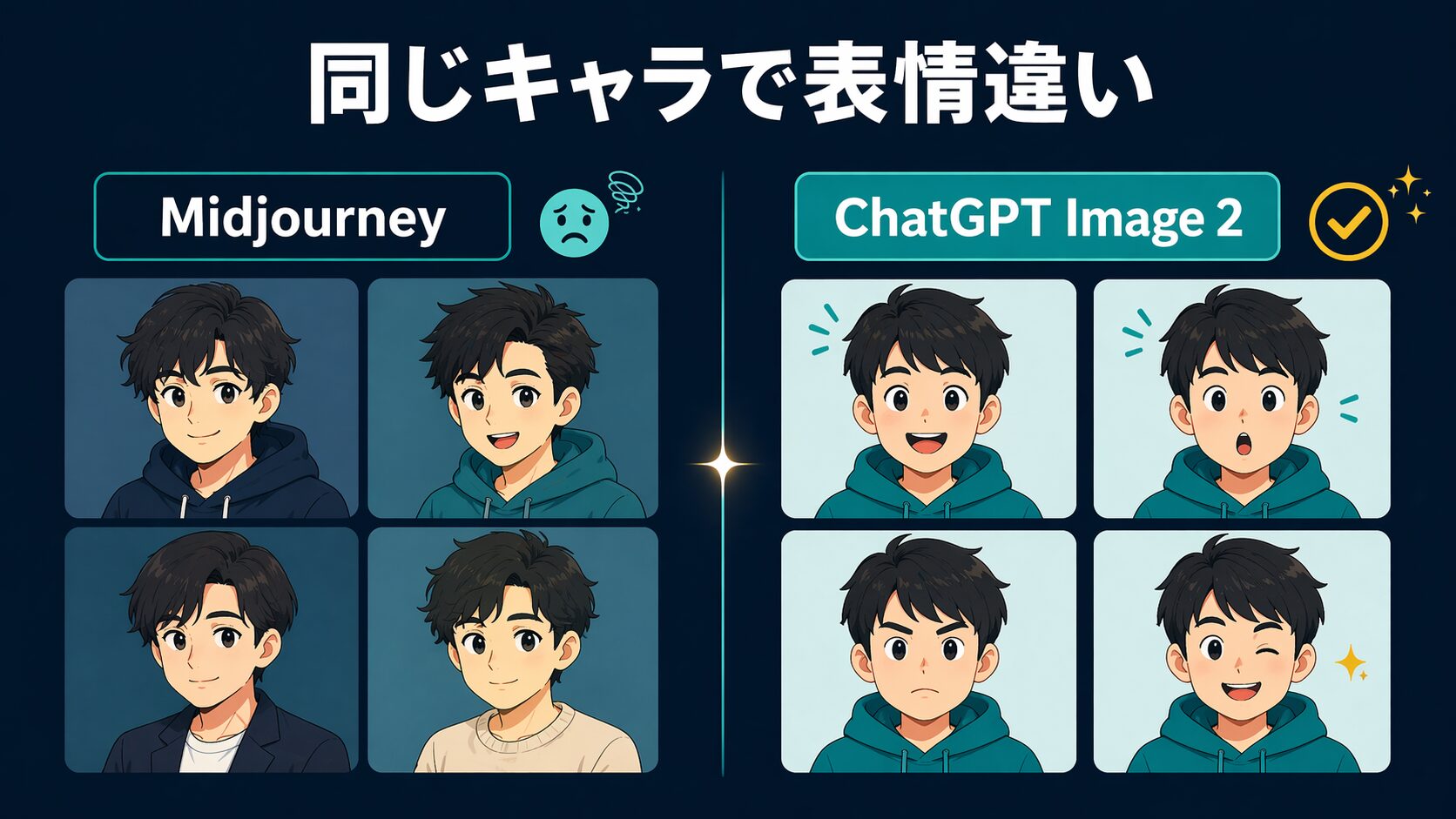 従来型AI画像生成は毎回顔がブレるが、最新世代AI画像生成は同じ顔で表情だけ変えられる比較図