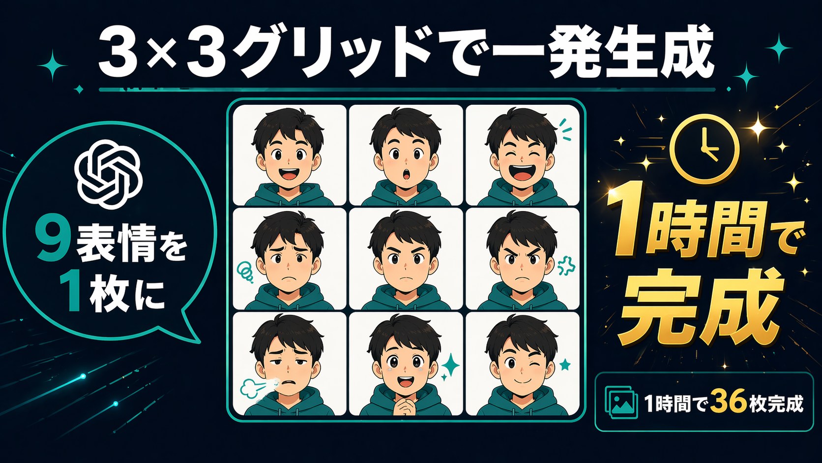 3×3グリッドで9表情を1枚に一発生成するコンセプト図。1時間で36枚完成
