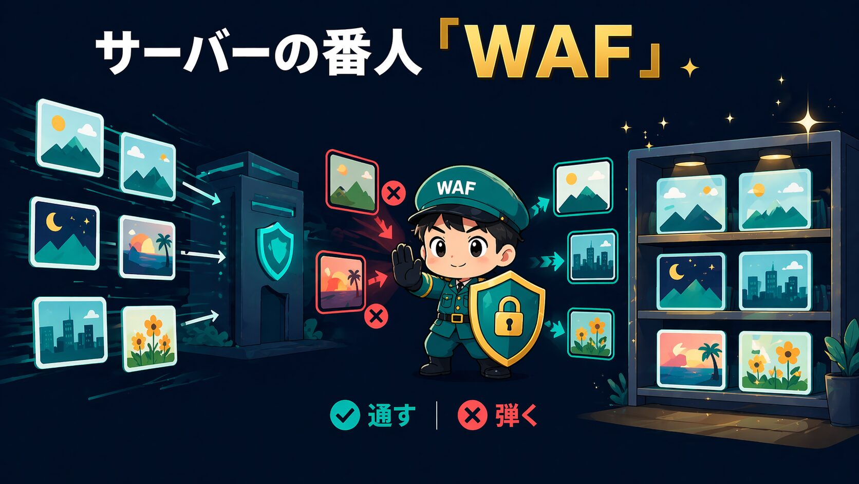 サーバーの番人WAFが画像を通す・弾くを判定しているイメージ図