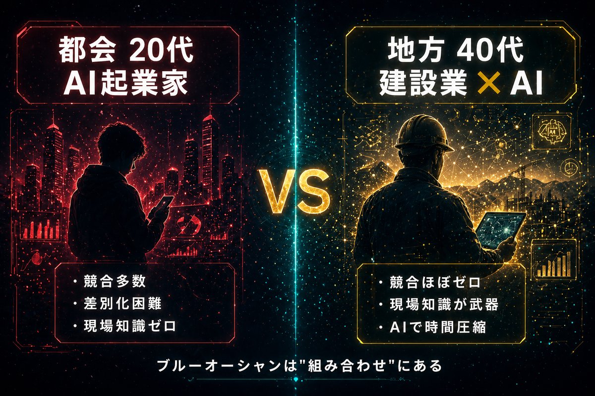 都会20代AI起業家 vs 地方40代建設業×AI ポジショニング比較図