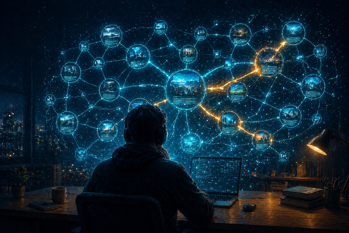 夜のデスクでブログ記事ネットワーク図を眺めるシーン