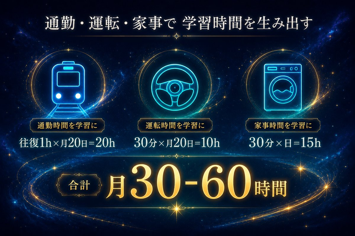 通勤・運転・家事で月30-60時間の学習時間生成