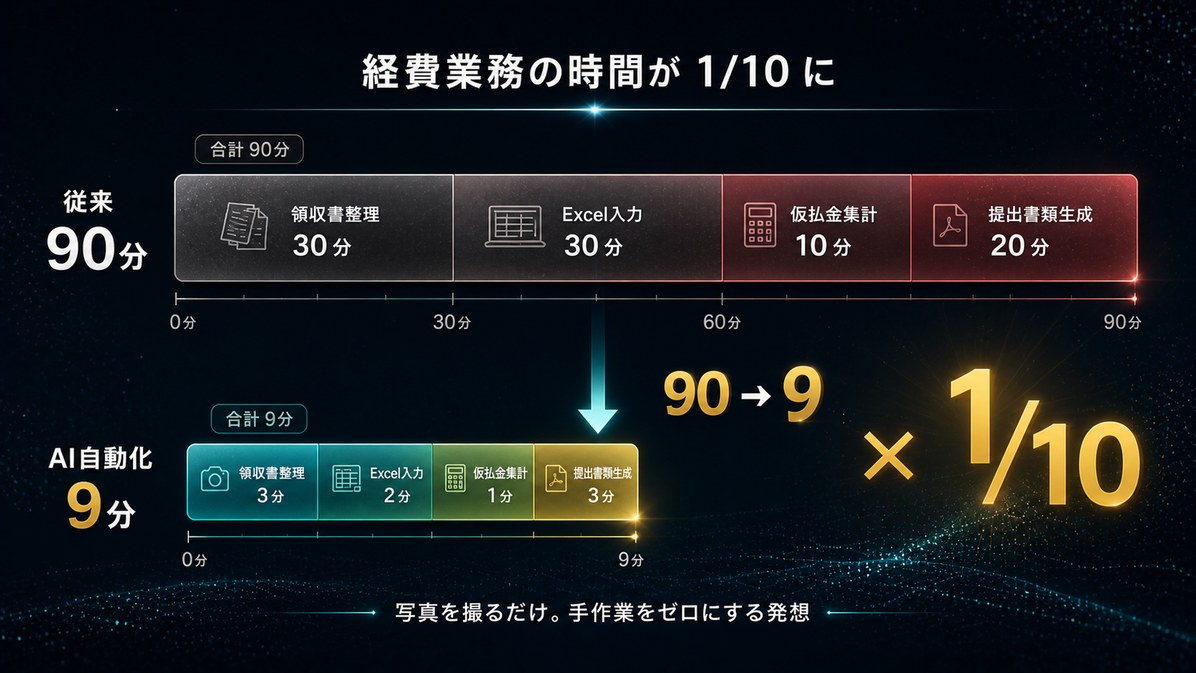 経費業務 従来90分 vs AI自動化9分 タイムライン比較
