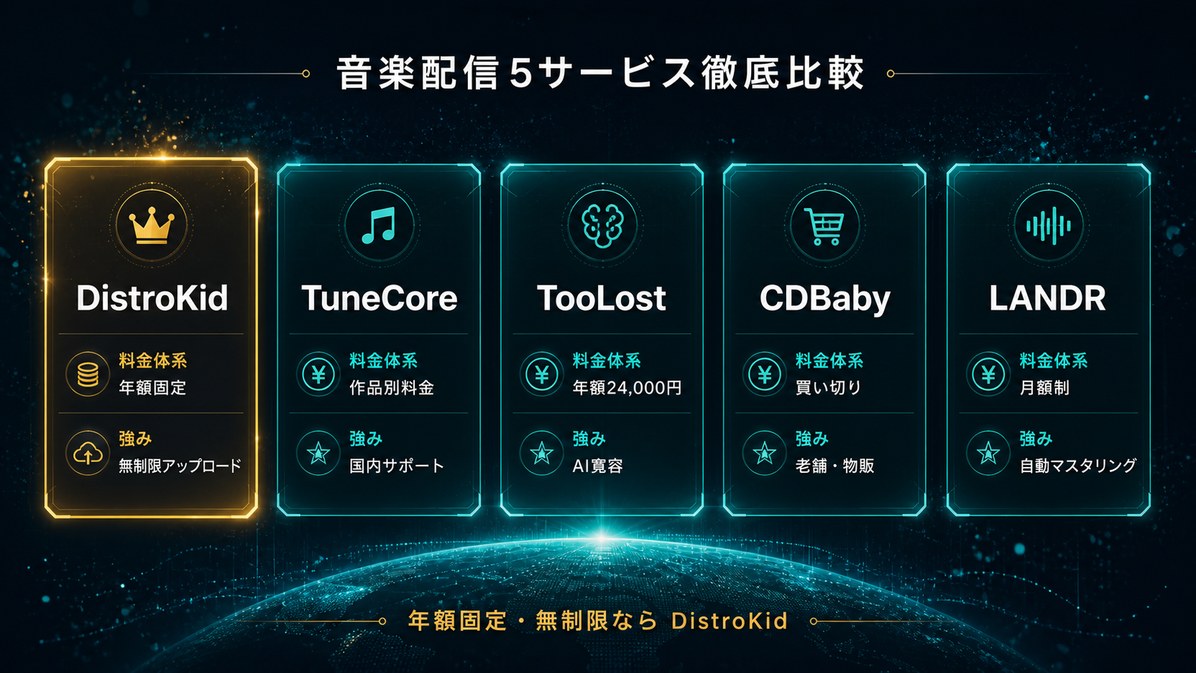 音楽配信5サービス徹底比較 DistroKid TuneCore TooLost CDBaby LANDR