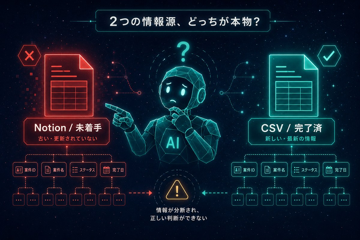 AIが2つの情報源のうち古い方を読んで誤判断するシーン NotionとCSVの二重管理事故をビジュアル化