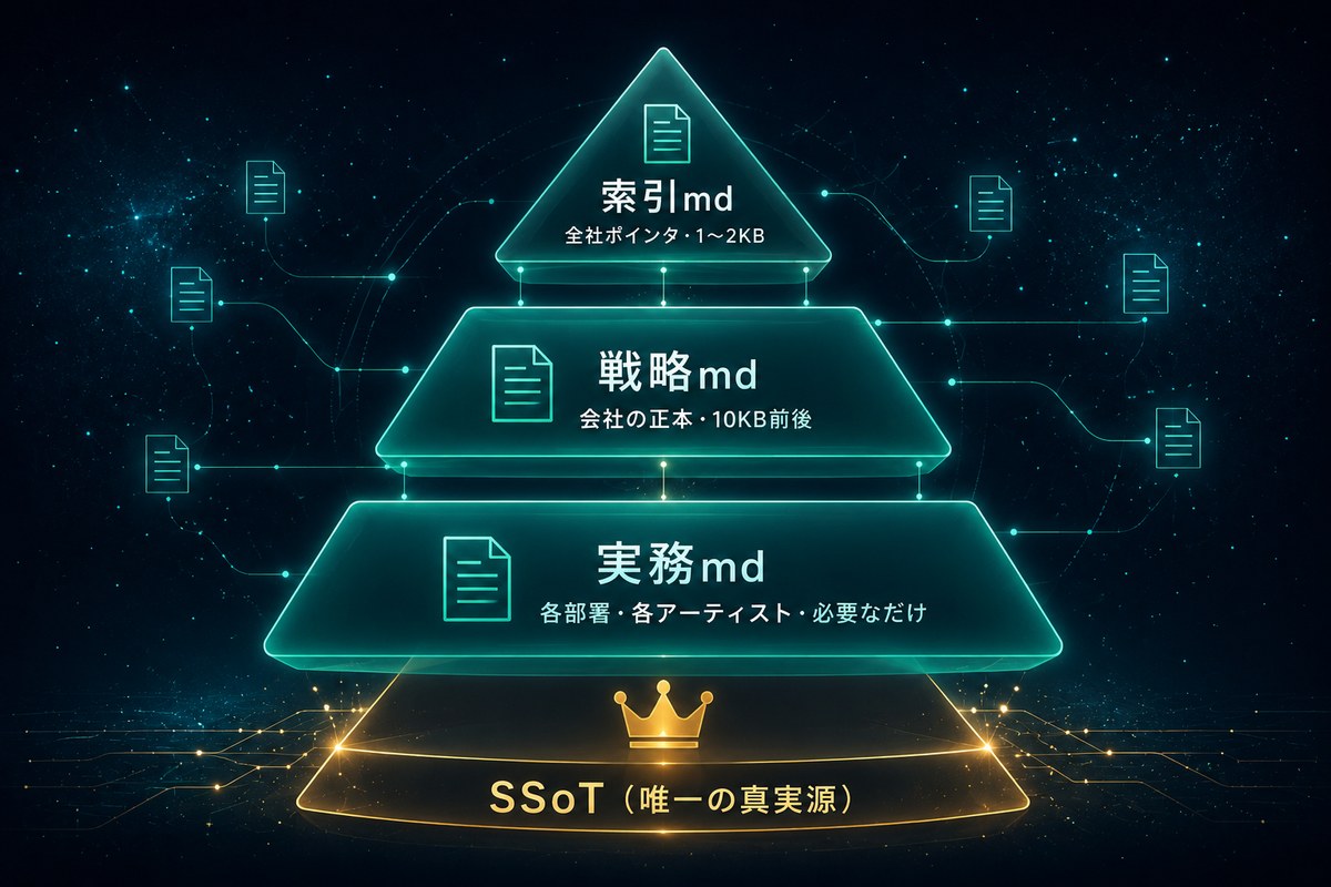 索引md・戦略md・実務mdの3層ピラミッド設計図 最下層をSSoTが支える概念図