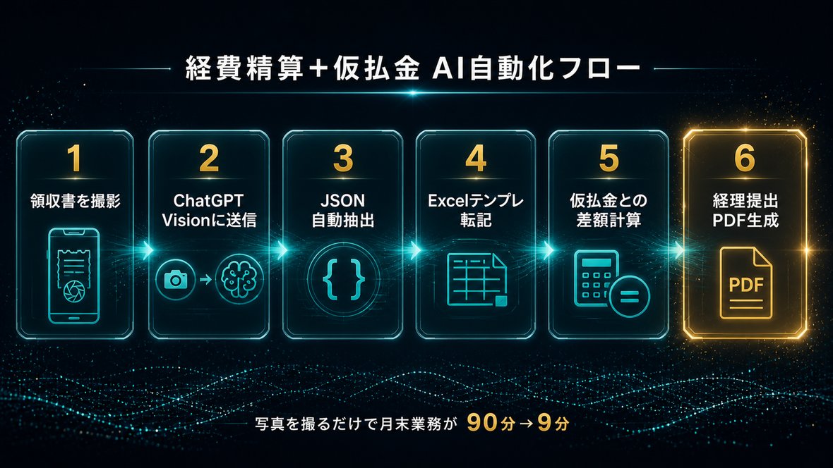 経費精算+仮払金 AI自動化フロー 6ステップ図解