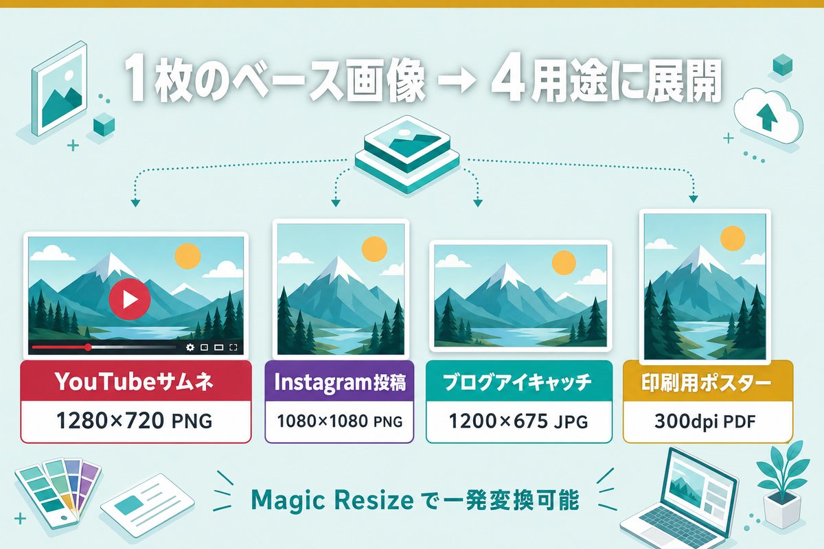 1枚のベース画像を動画プラットフォーム・SNS・ブログ・印刷用に書き出す用途別サイズ図