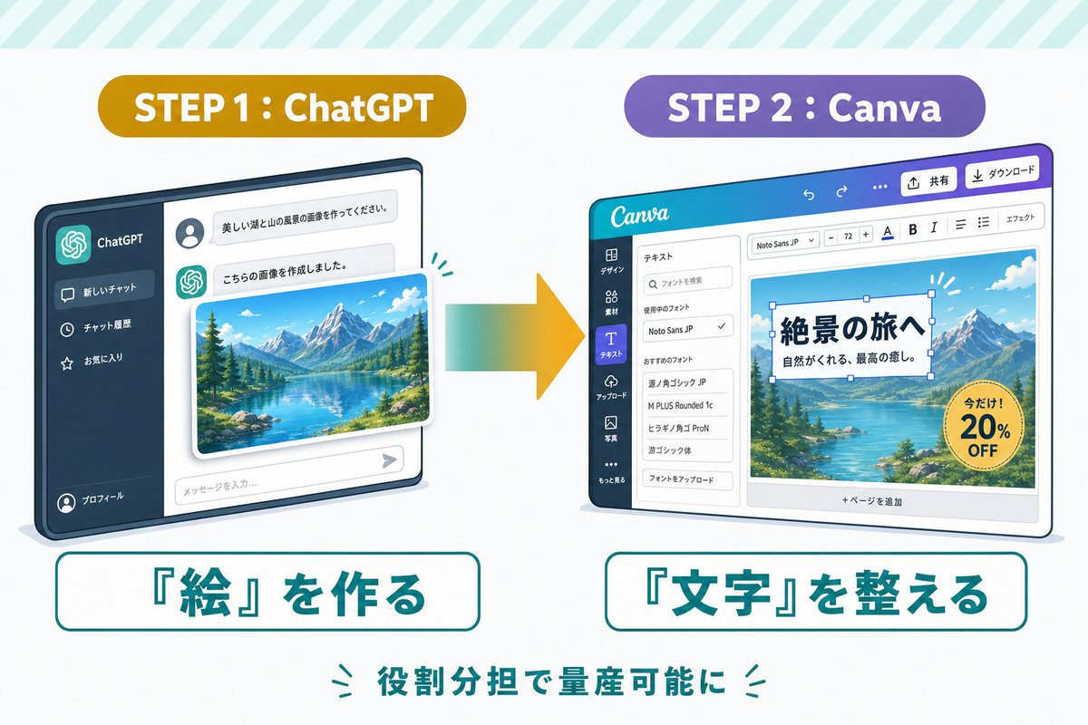 対話型AIで完成形を作り画像編集ツールで部分編集する2ステップ役割分担の図