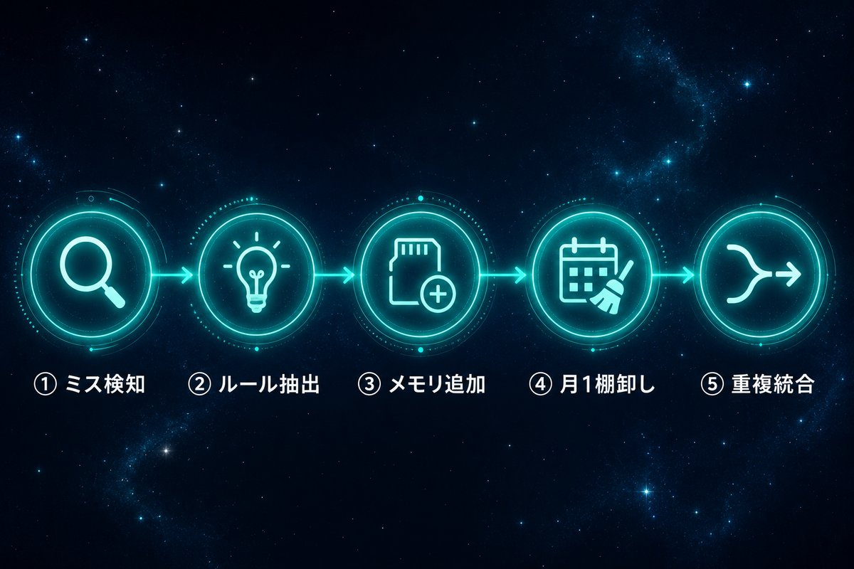 AIに同じミスを2度させない5つの仕組み化フロー(ミス検知→ルール抽出→メモリ追加→月1棚卸し→重複統合)