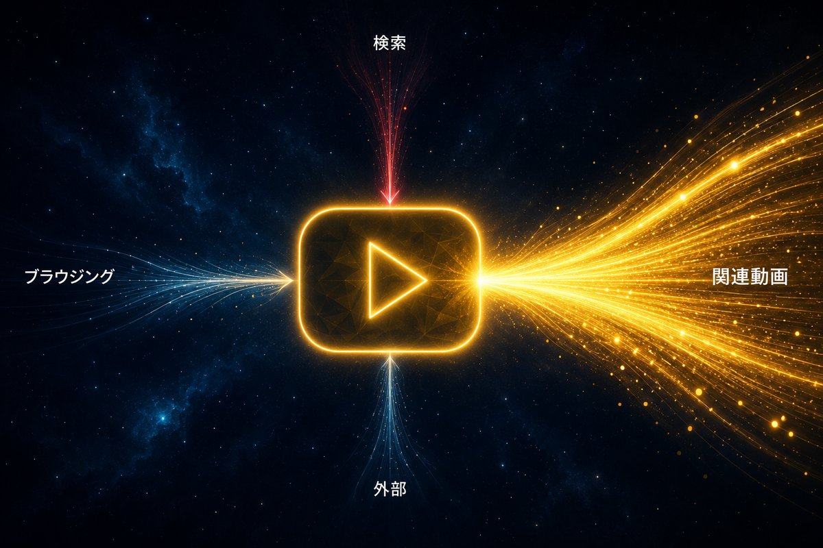 YouTubeトラフィック源シフト:関連動画流入が主柱になる構造(4方向の流入比較)