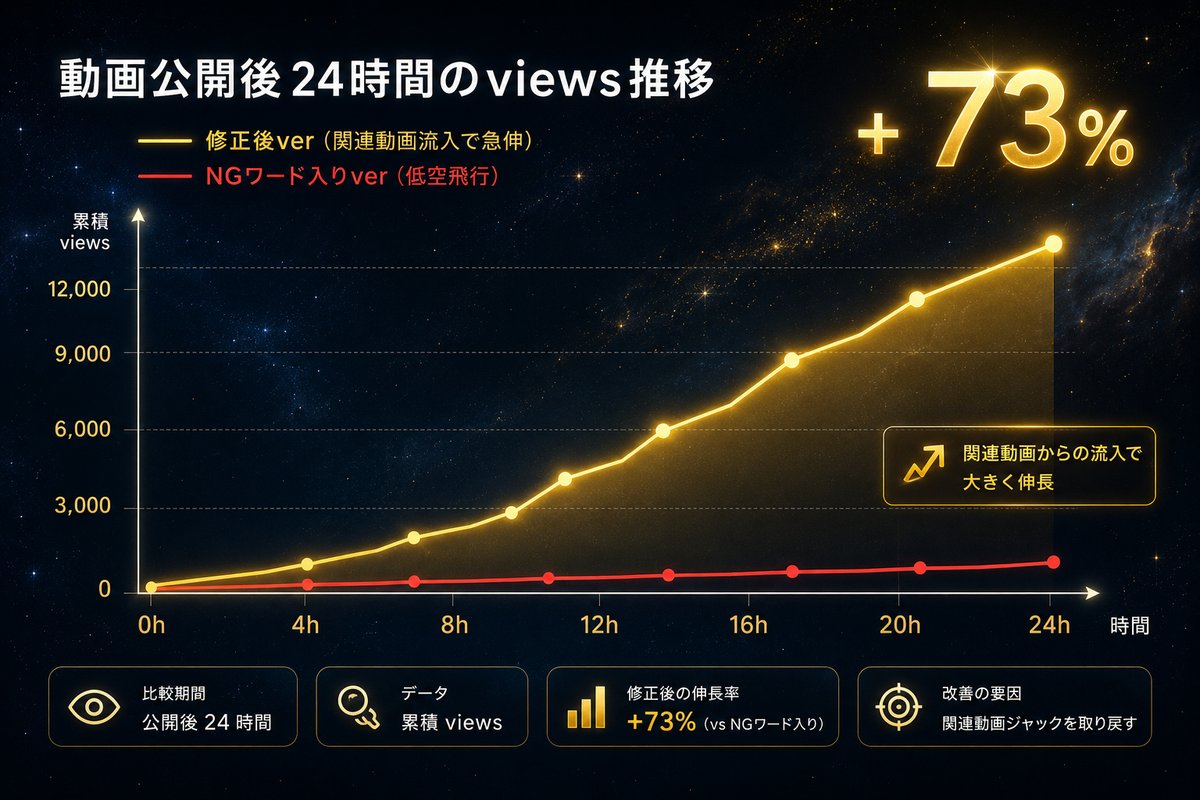 動画公開後24時間のviews推移:NGワード入りver vs 修正後ver の比較グラフ(+73%)