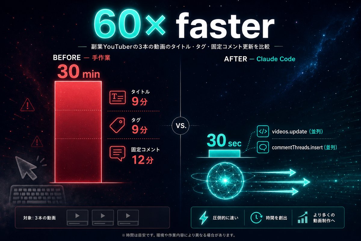 手作業30分 vs Claude Code 30秒 — 60倍時短比較