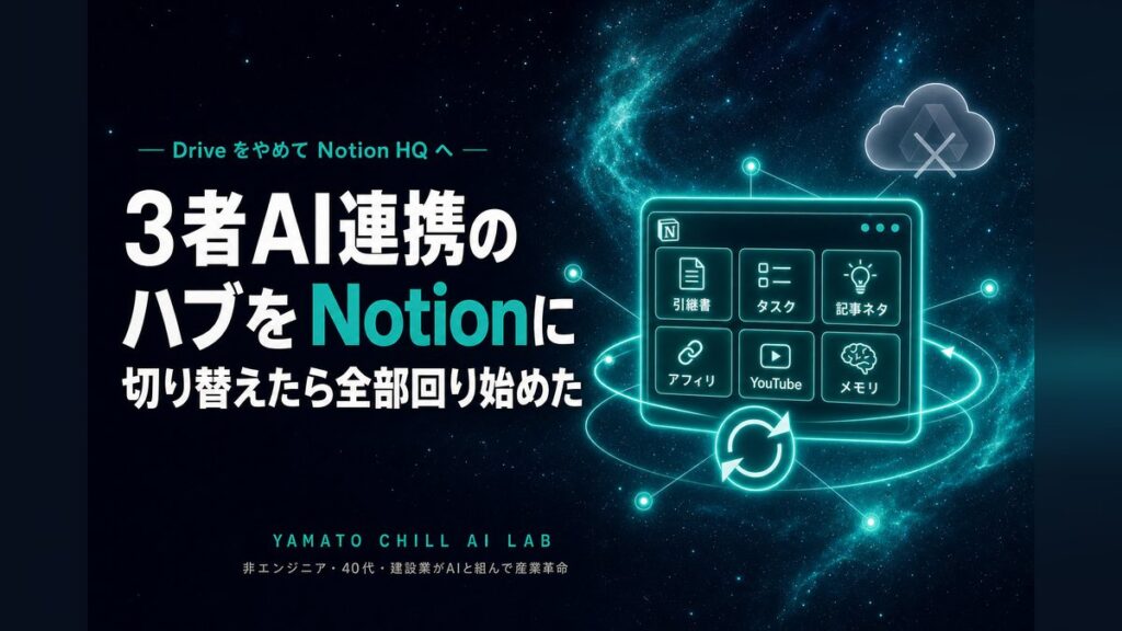 Drive から Notion HQ へ3者AI連携のハブを移行するアイキャッチ