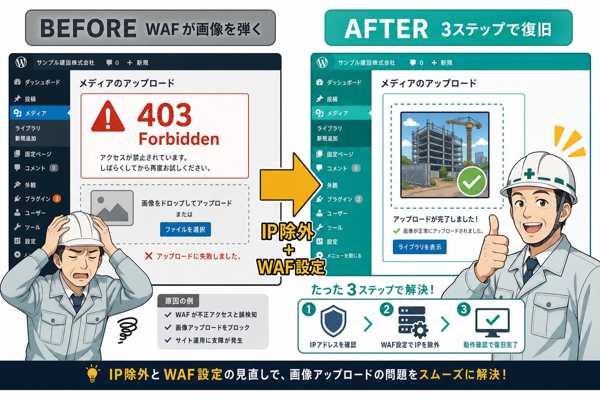 WordPress WAF 403エラー BEFORE と 3ステップ復旧 AFTER の比較イラスト