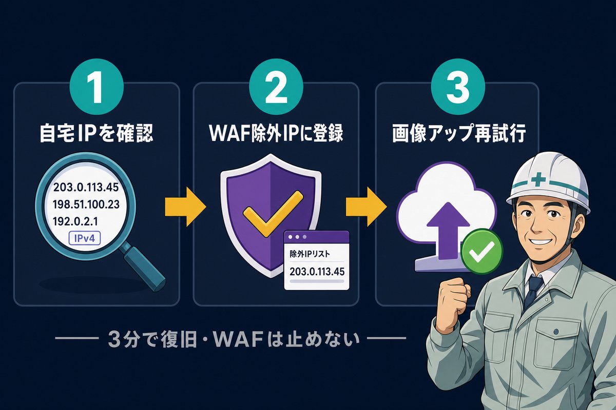WordPress WAF 403復旧 3ステップ IP確認 除外登録 画像アップ再試行