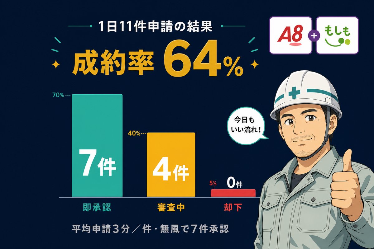A8 もしも 1日11件申請 即承認7件 審査中4件 却下0件 成約率64% グラフ
