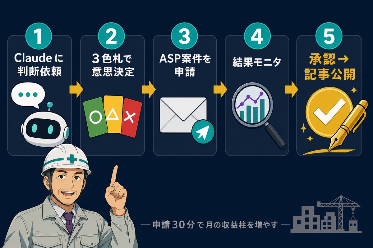 アフィリエイト提携申請5ステップ Claude判断 3色札 申請 モニタ 公開