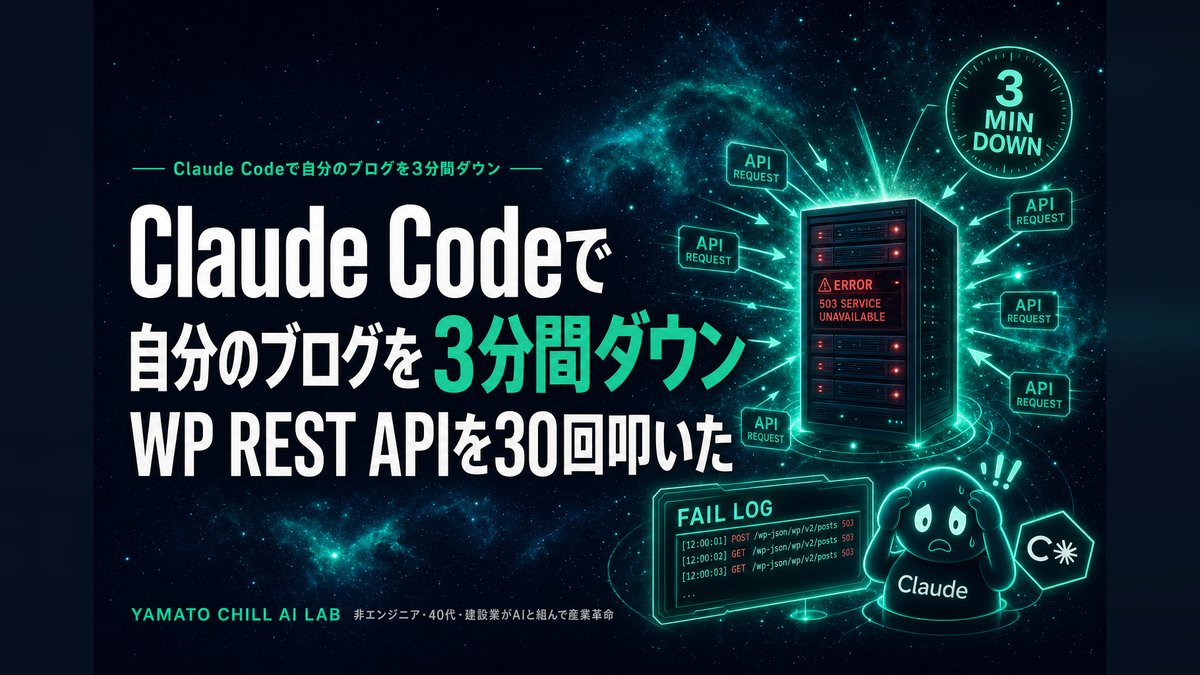 Claude Codeで自分のブログを3分間ダウンさせた失敗談のアイキャッチ