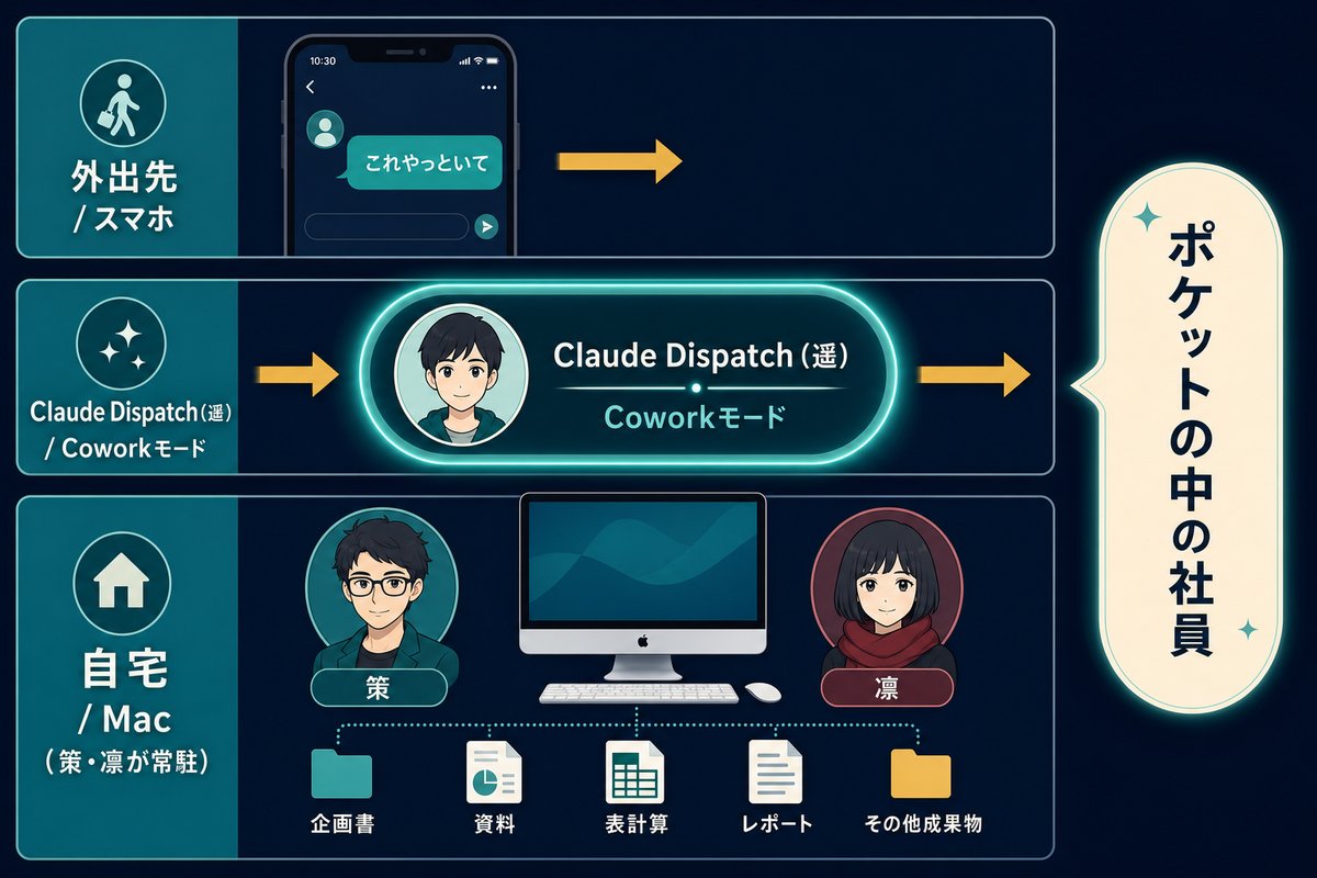スマホ→Claude Dispatch（遥）→Mac の3層アーキテクチャ図