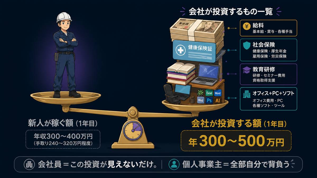 新人が稼ぐ額と会社が投資する額の天秤比較イラスト 年300から500万円