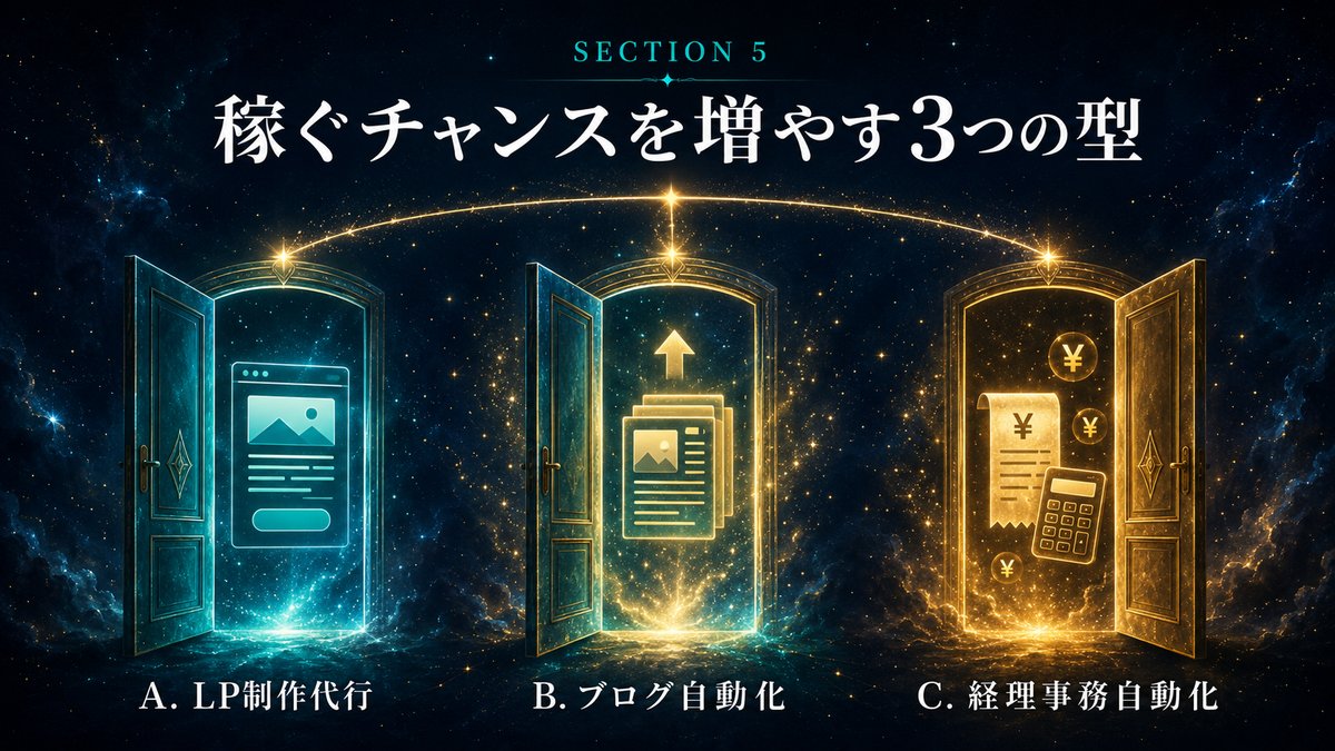 稼ぐチャンスを増やす3つの型 - LP制作・ブログ自動化・経理事務自動化の3つの扉