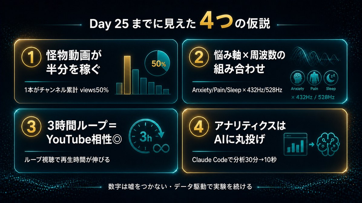 Day25までに見えた4つの仮説2x2グリッドサマリー