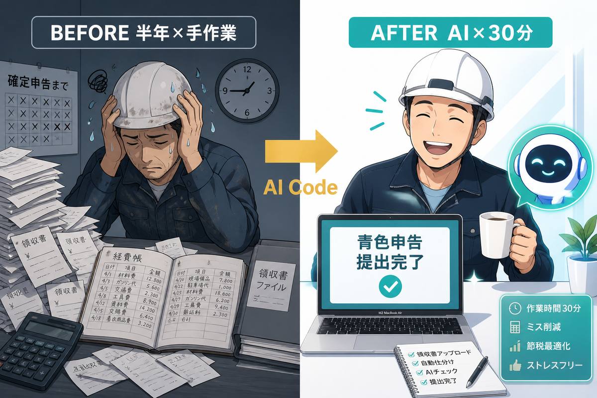 確定申告 BEFORE 半年手作業 と AFTER AI 30分の比較イラスト