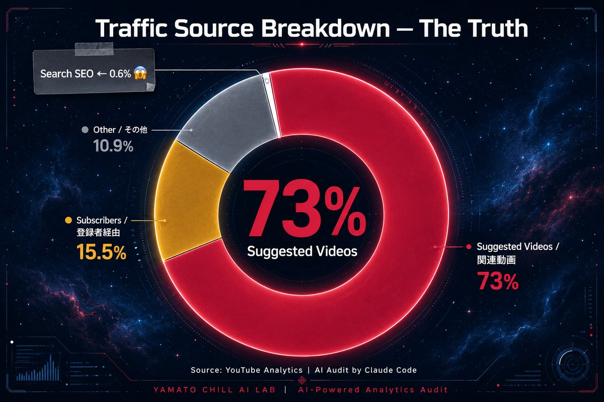 YouTube流入経路ドーナツチャート 関連動画73% 検索SEO0.6%の現実