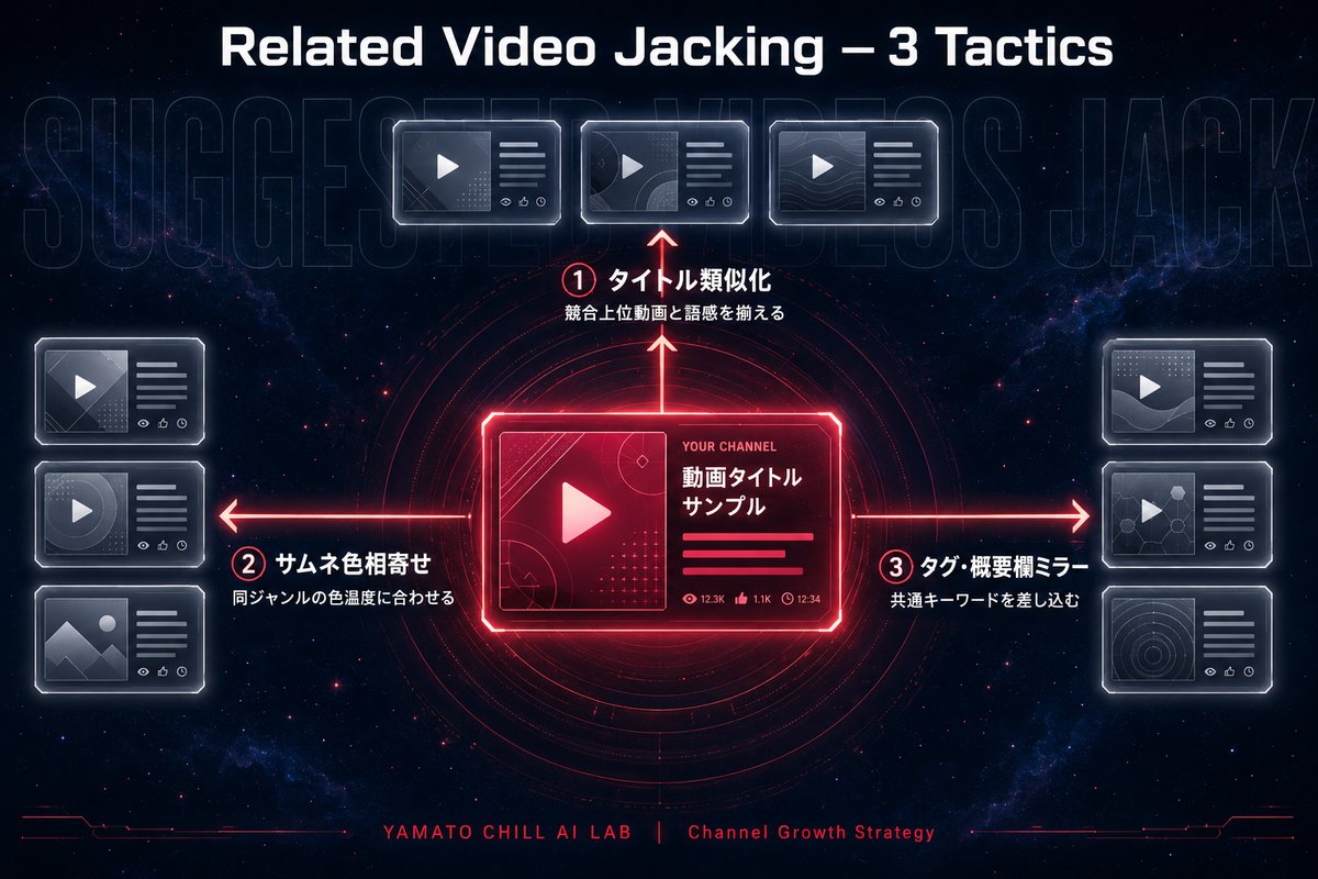 関連動画ジャック3施策 タイトル類似化 サムネ色相寄せ タグミラーのフローチャート