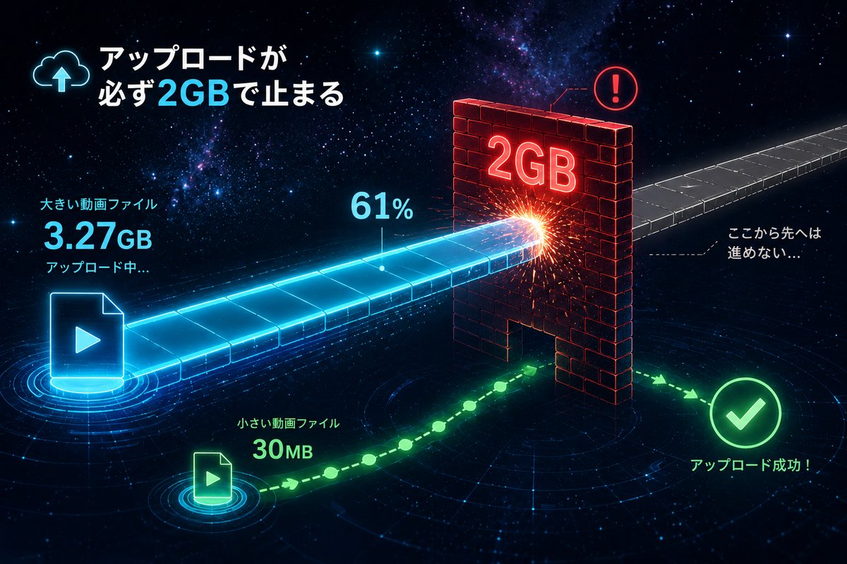 アップロードが必ず2GB(61%)で止まる仕組みの図解
