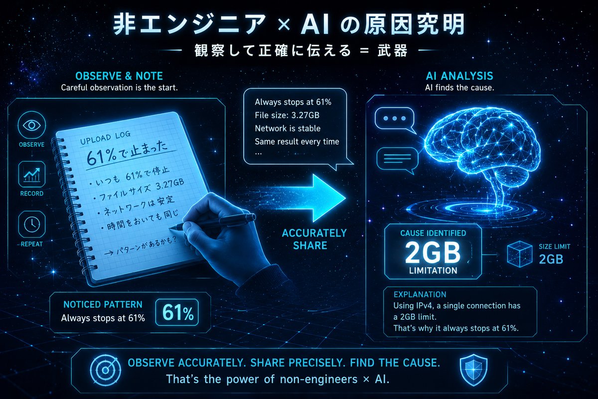 非エンジニアがAIと組んで原因を特定する流れの図解