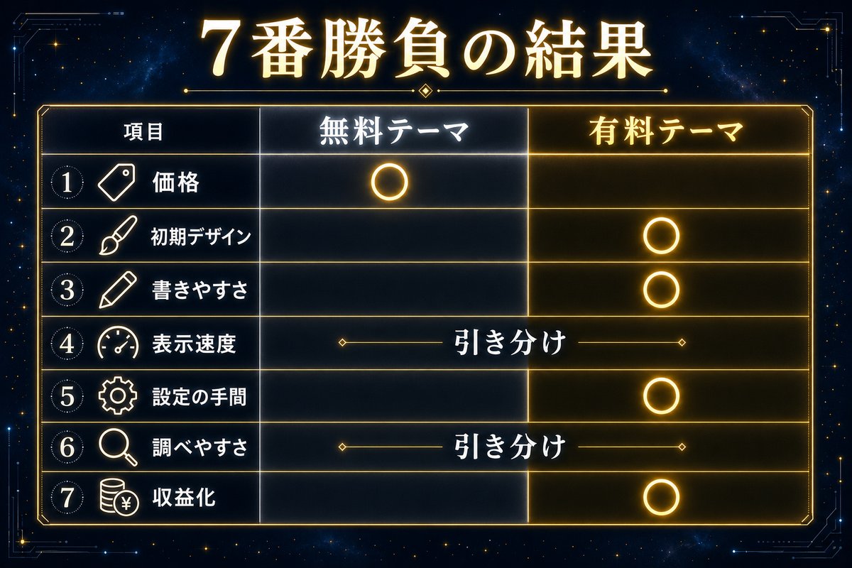 無料テーマと有料テーマの7項目比較表