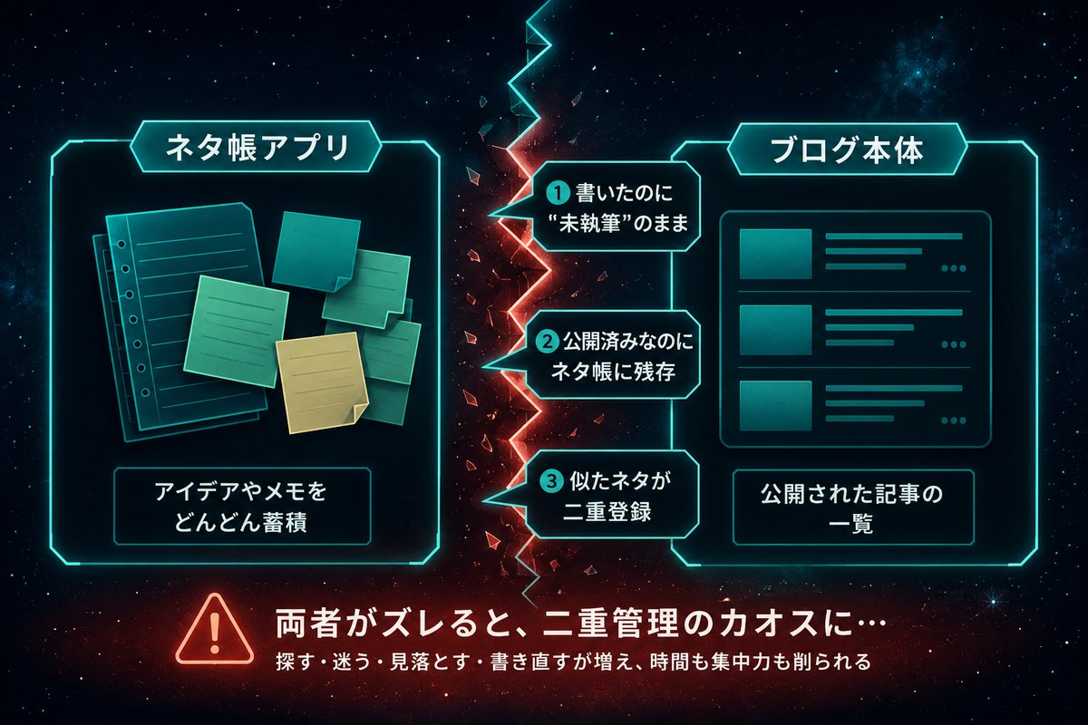 ネタ帳アプリとブログ本体の二重管理がズレていく構造図