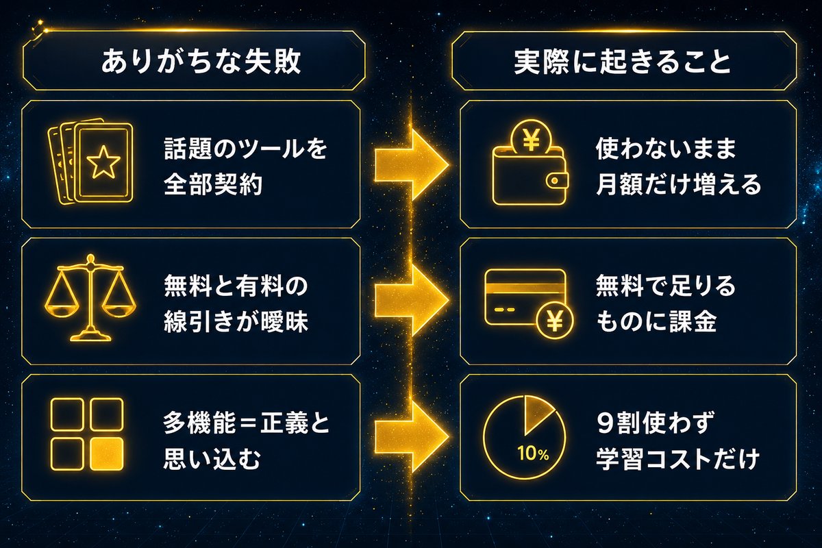 AI副業ツール選びでありがちな3つの失敗と、その結果起きることの対比図