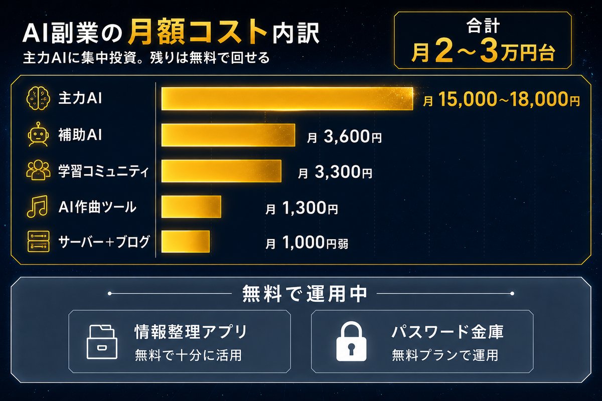 AI副業にかかる月額コストの内訳と、無料で運用できるツールの分類図