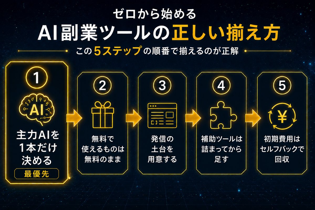 ゼロからAI副業ツールを揃える5ステップの手順フロー図
