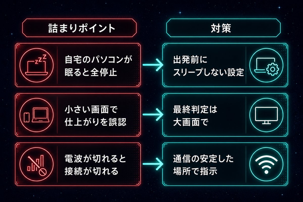 遠隔操作の詰まりポイントと出発前の対策の対比図