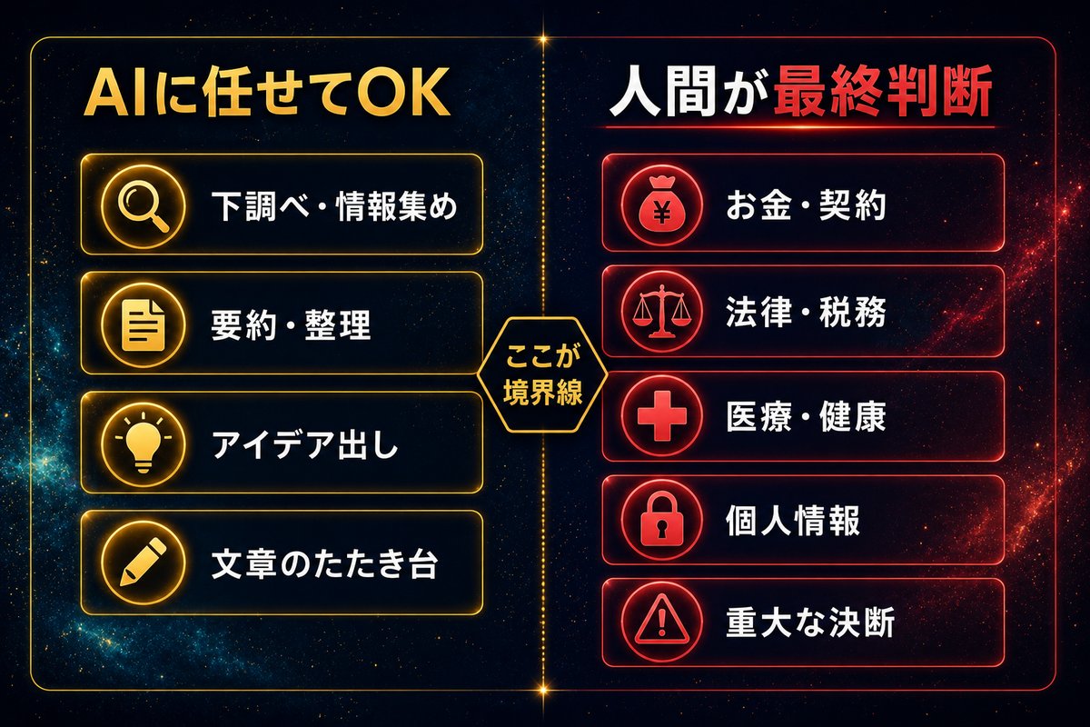 AIに任せていい仕事と人間が最終判断すべき領域の境界線の比較図