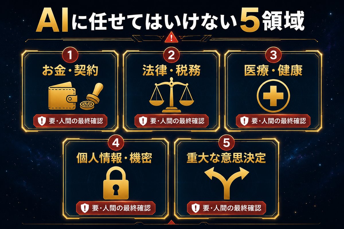 AIだけに任せてはいけない5領域(お金・契約/法律・税務/医療・健康/個人情報/重大な意思決定)の分類図