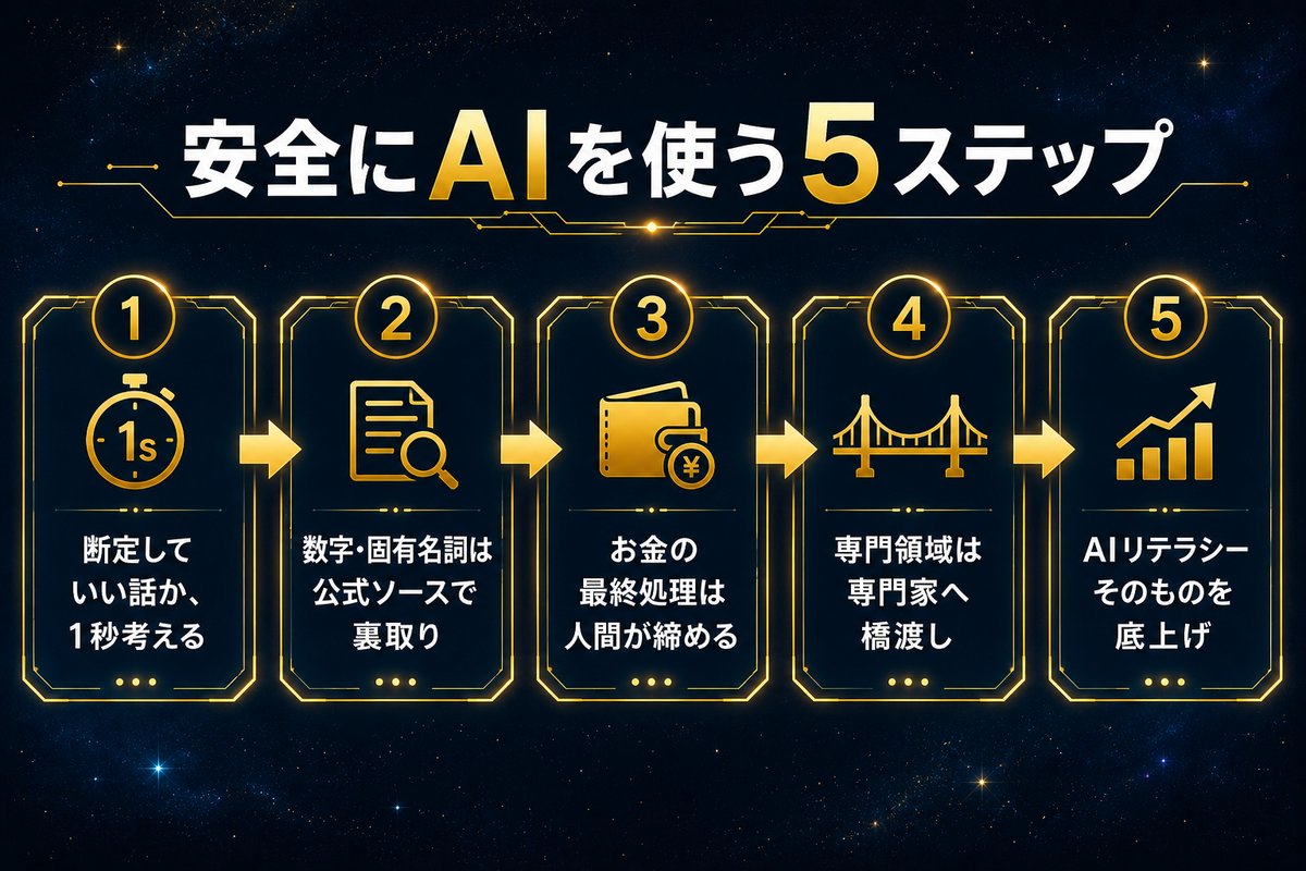 安全にAIを使う5ステップの手順フロー図