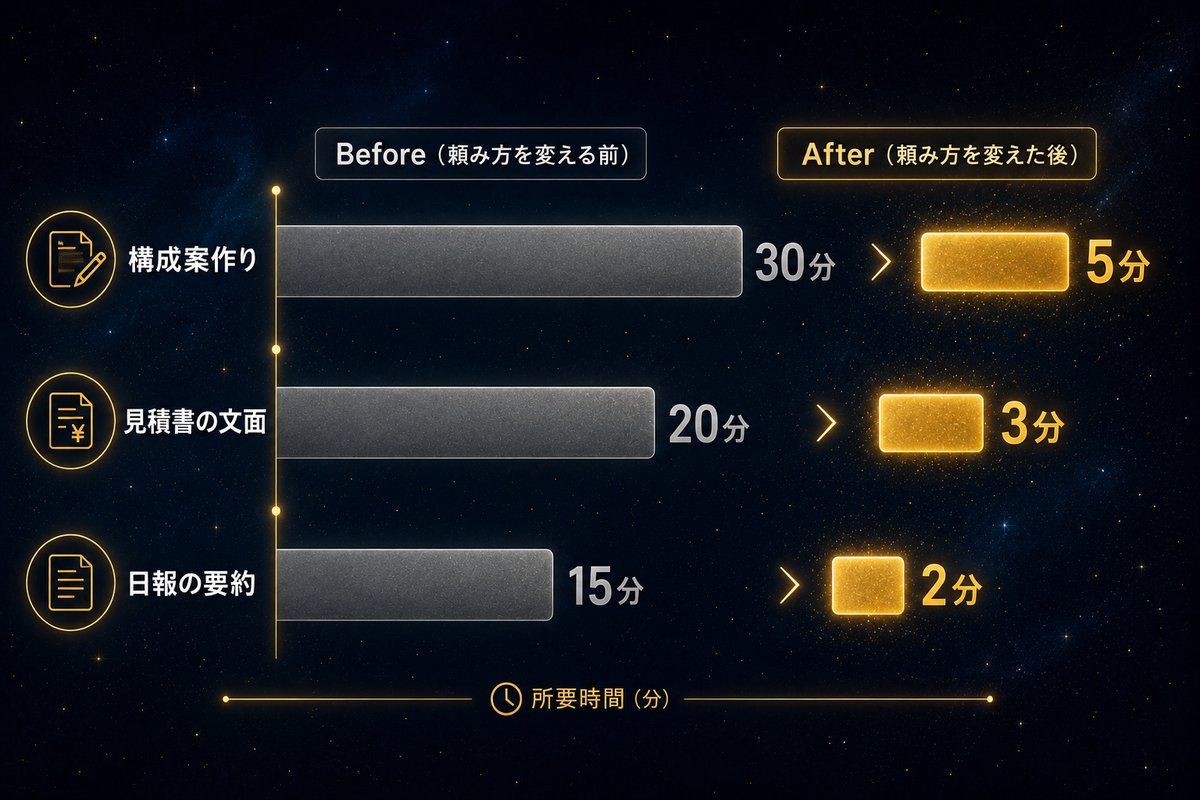 頼み方を変える前と後で作業時間がどう変わるかを比較したグラフ