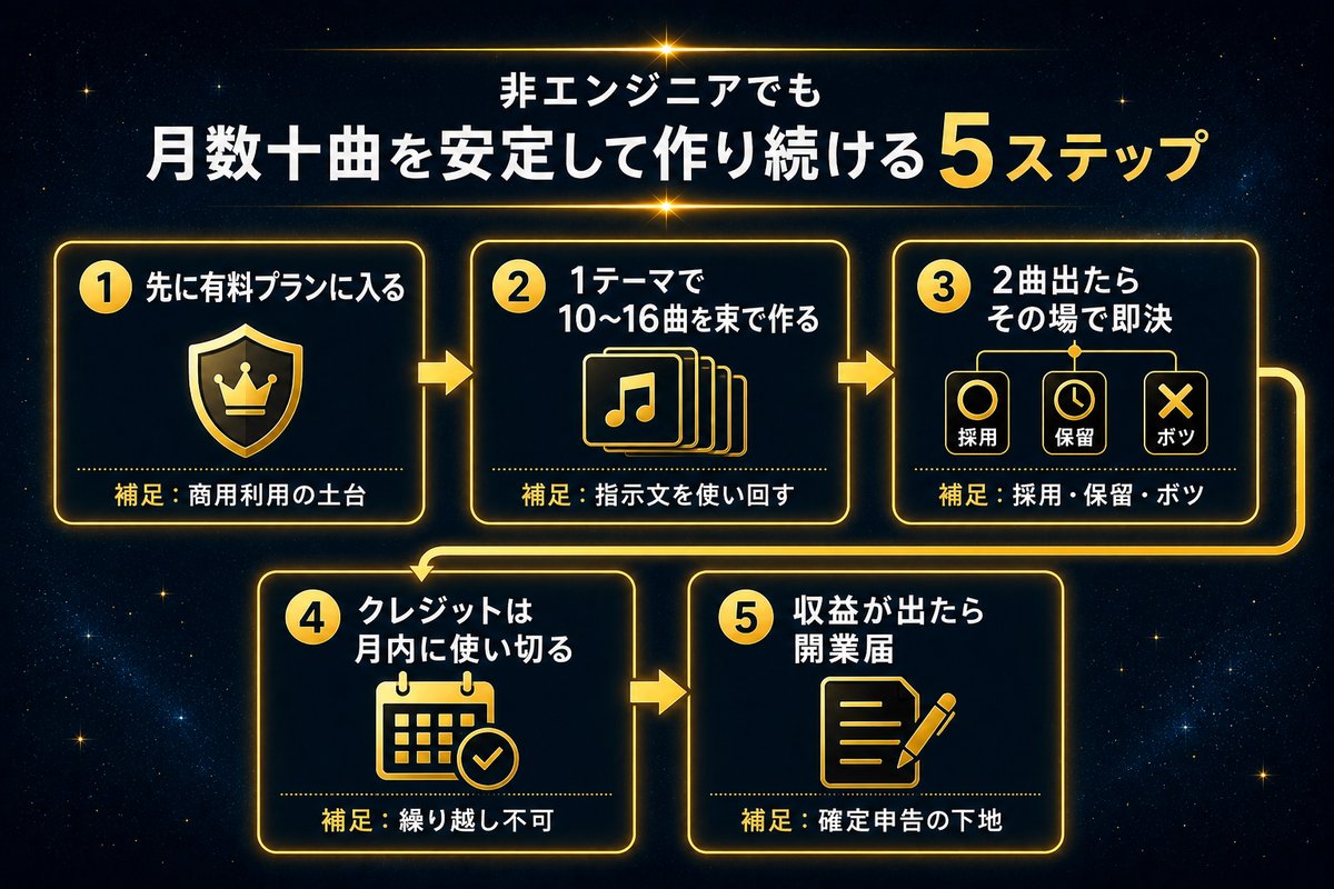 非エンジニアが月数十曲を安定して作り続ける5ステップの手順フロー図