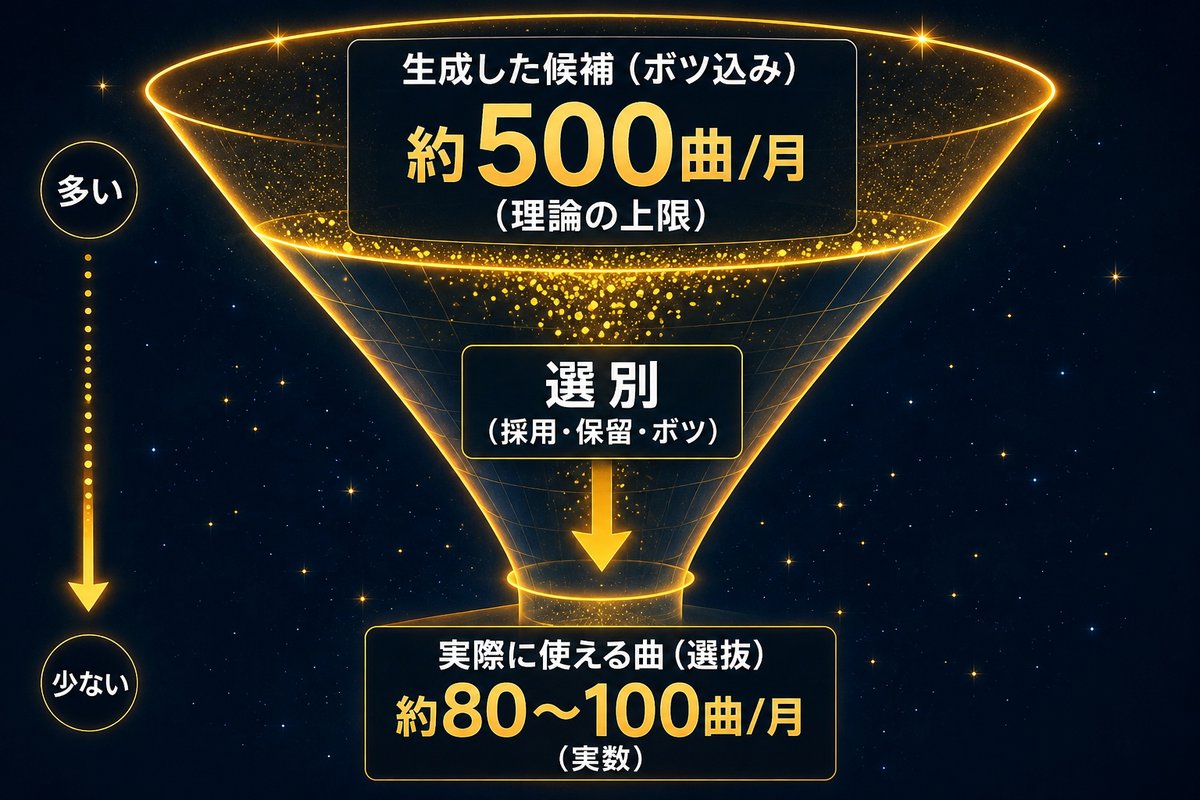 AI作曲で生成できる曲の理論上の上限と、実際に使える曲数の違いを示す漏斗図