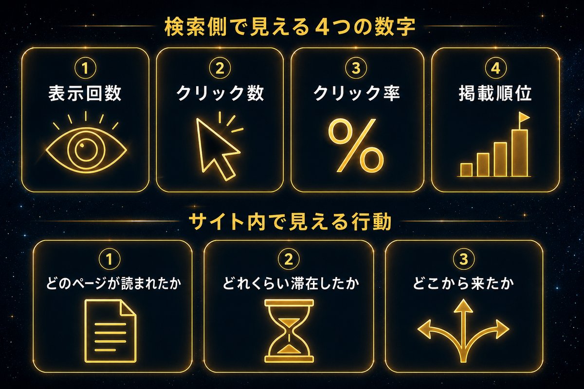 アクセス解析で確認できる指標を検索側とサイト内行動に分類した図