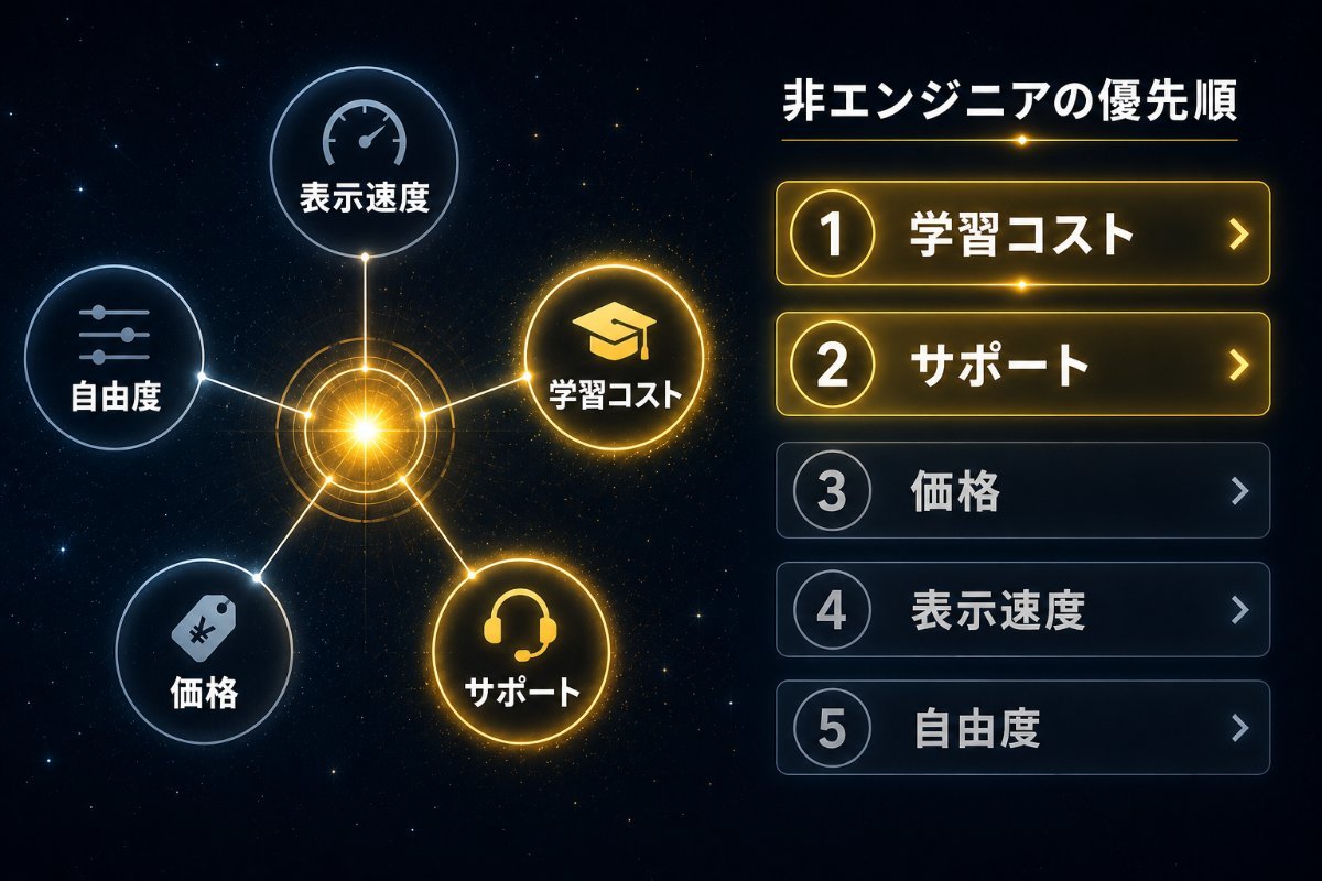 デザイン基盤選びの5つの比較軸と非エンジニア向け優先順位を示した図解