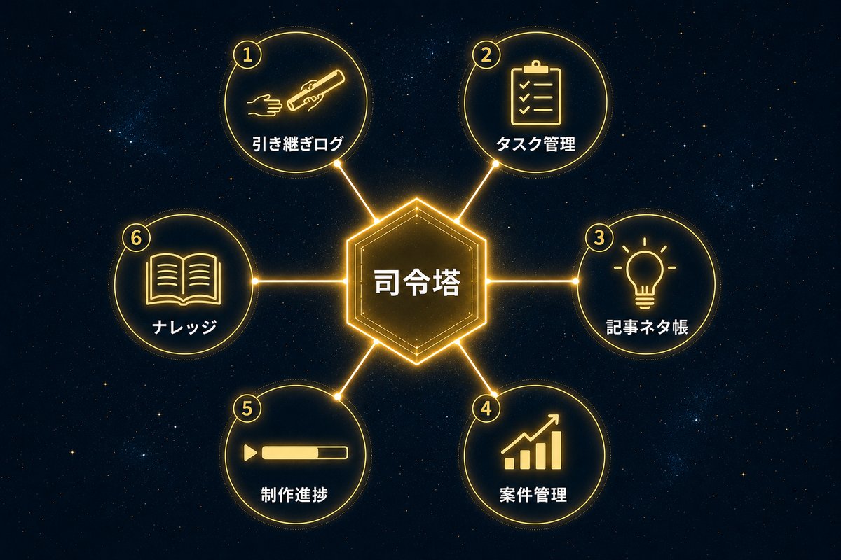 司令塔から6種類のデータベースへ放射状に分岐する構造図