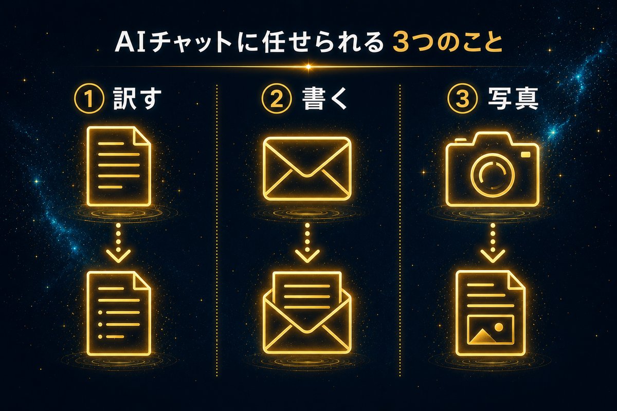 外国語の文章を訳す・返信を書く・写真から読み取る、AIチャットに任せられる3つの場面を示した図解