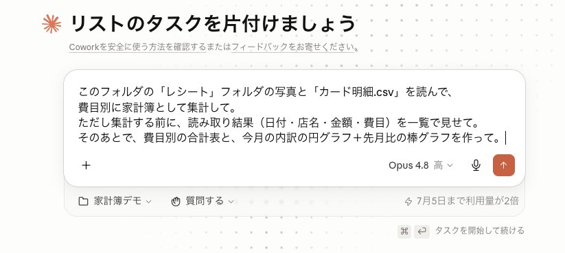 レシート写真とカード明細をAIに読ませて費目別に集計するよう頼んでいる指示画面(第2話の実演より)